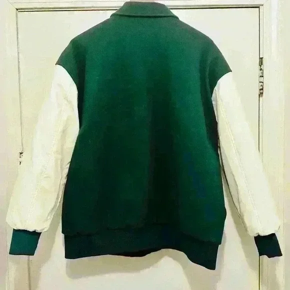 Garage | Varsity Jacket, Size M/L, Green with ivory white faux leather sleeves - Picture 4 of 10